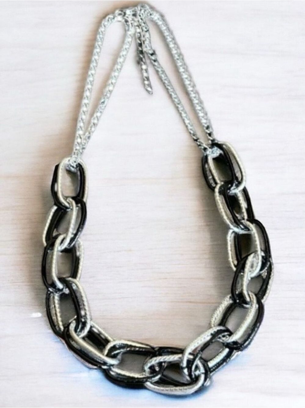 Silver Tone and Black Metal Chain Link Choker Necklace